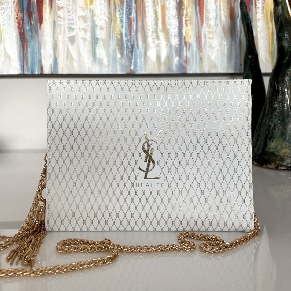 YSL Yves Saint Lauren White bag purse gold chain tassel rare logo beauty - Picture 3 of 6